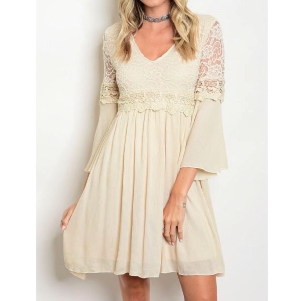 Taupe Bell Sleeve Crochet Detail Dress - Picture 2 of 3